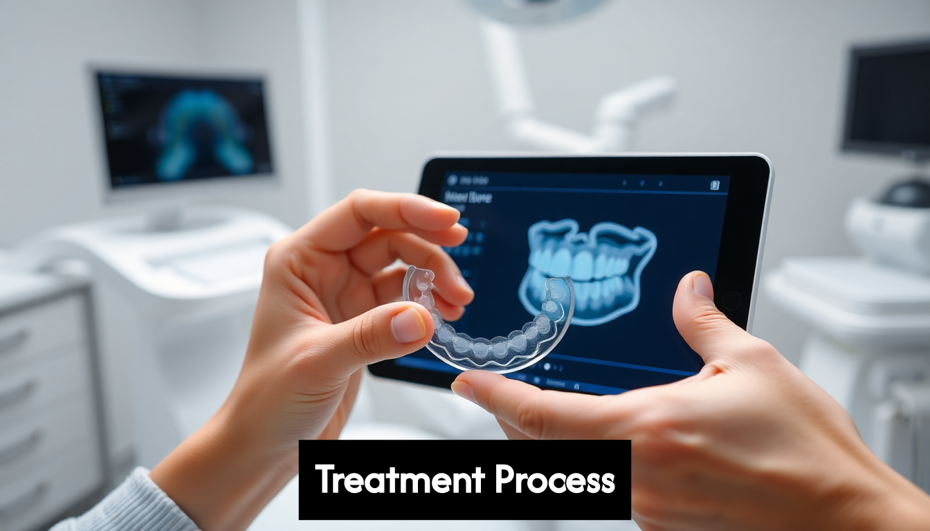 Hands holding Invisalign aligner beside dental scan