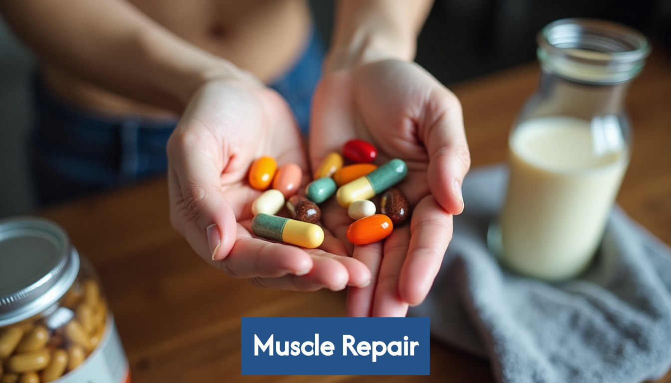 Hands holding supplement capsules and glass of water