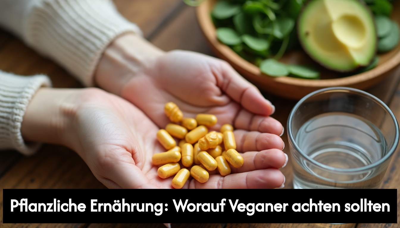 Hands holding vegan supplements with plant foods