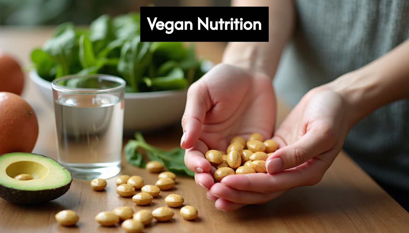 Hands holding vegan supplements with plant foods