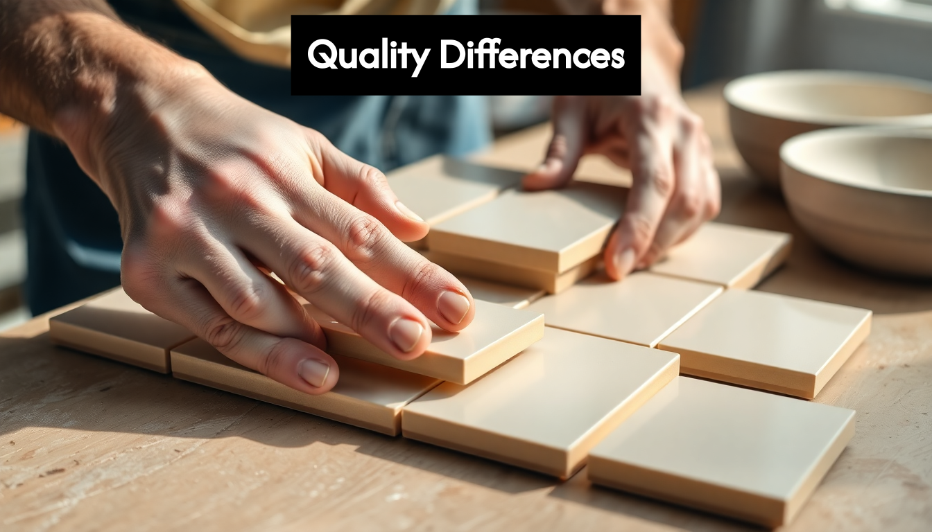 Hands inspecting ceramic tiles for quality