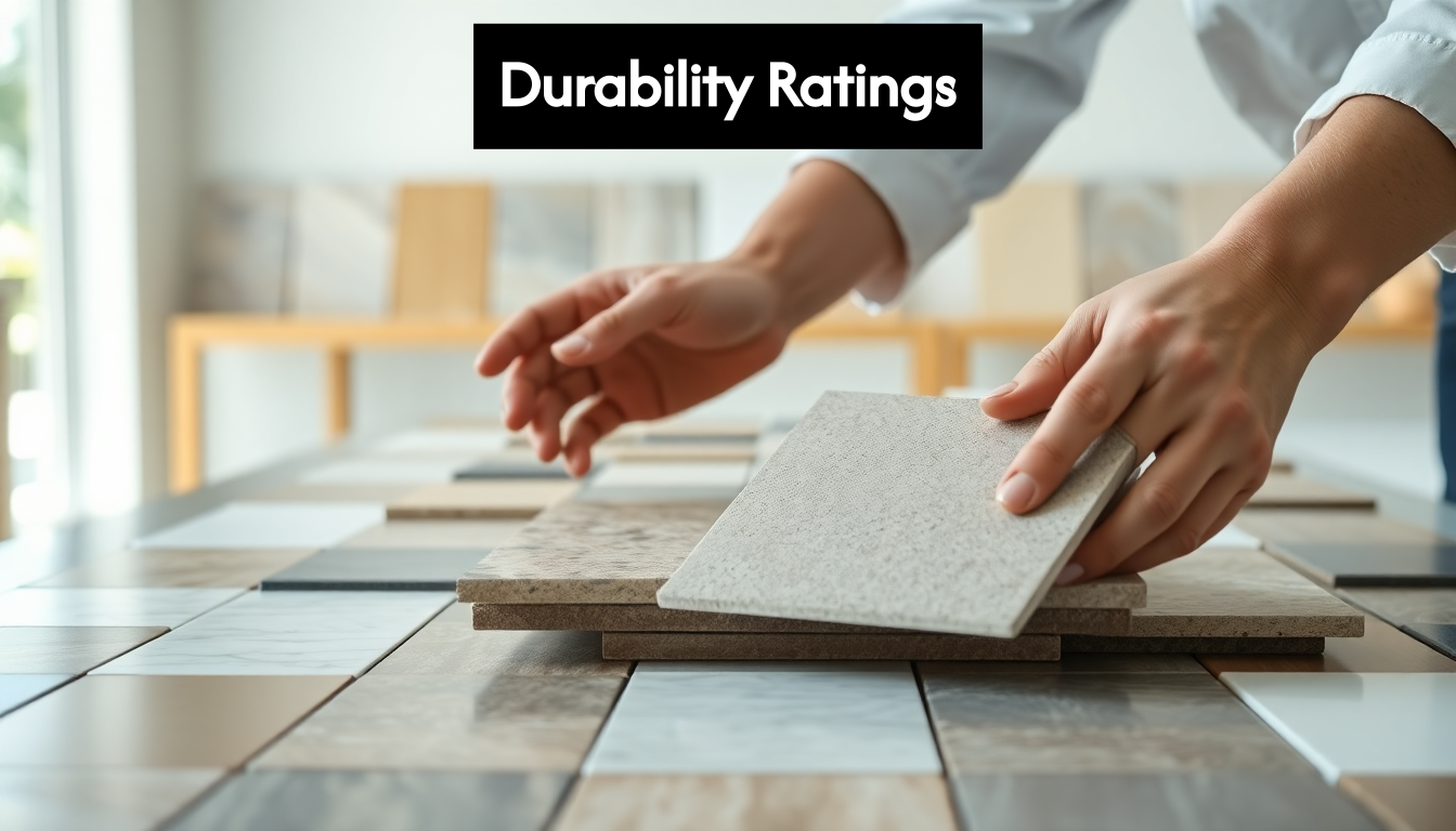 Hands inspecting tile samples in showroom