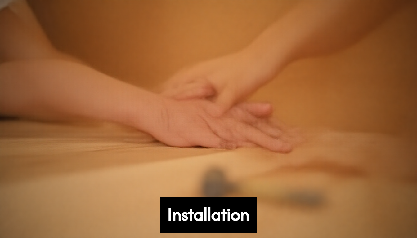Hands installing wood panel during sauna construction.