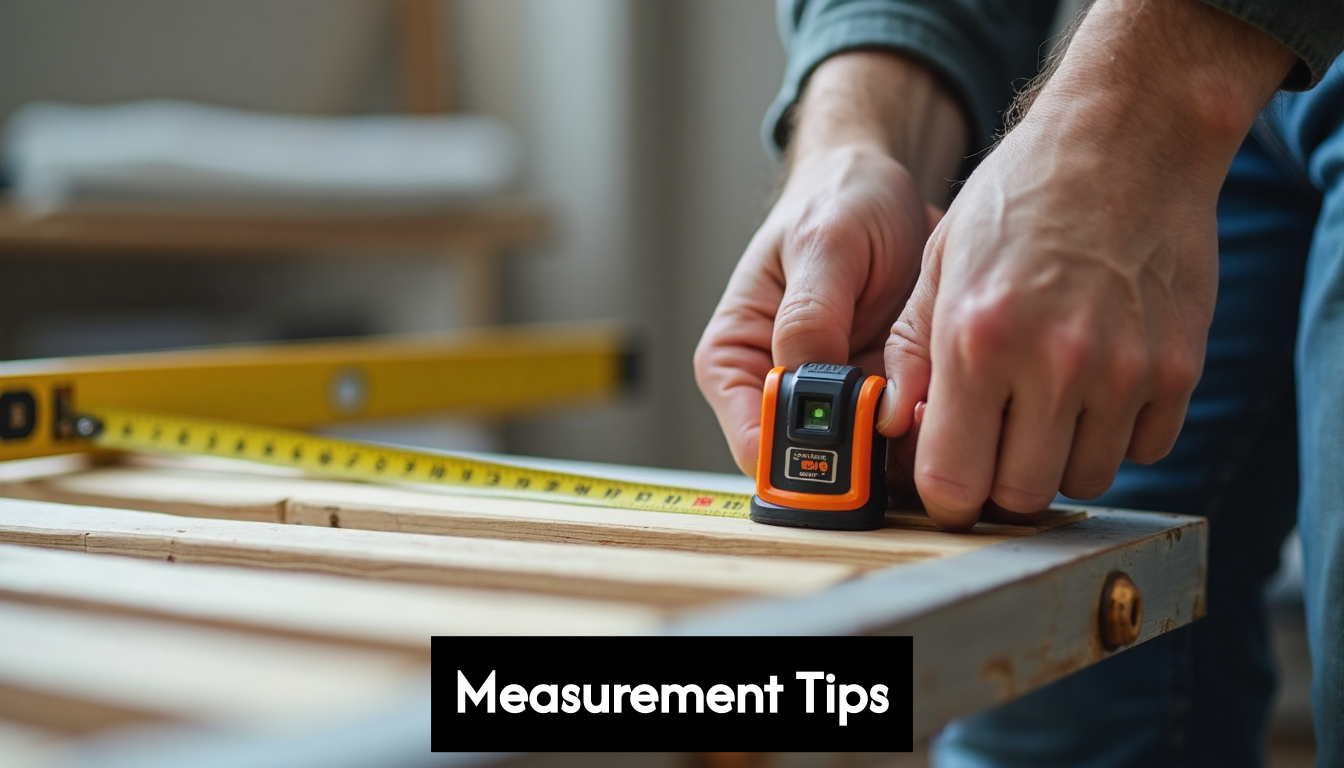 Hands measuring a metal bed frame with tools