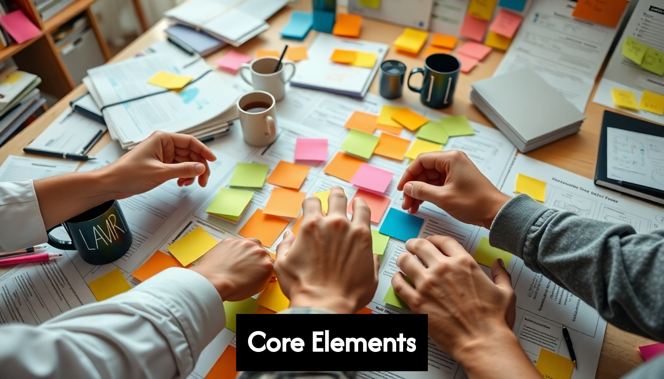 Hands organizing project planning workspace