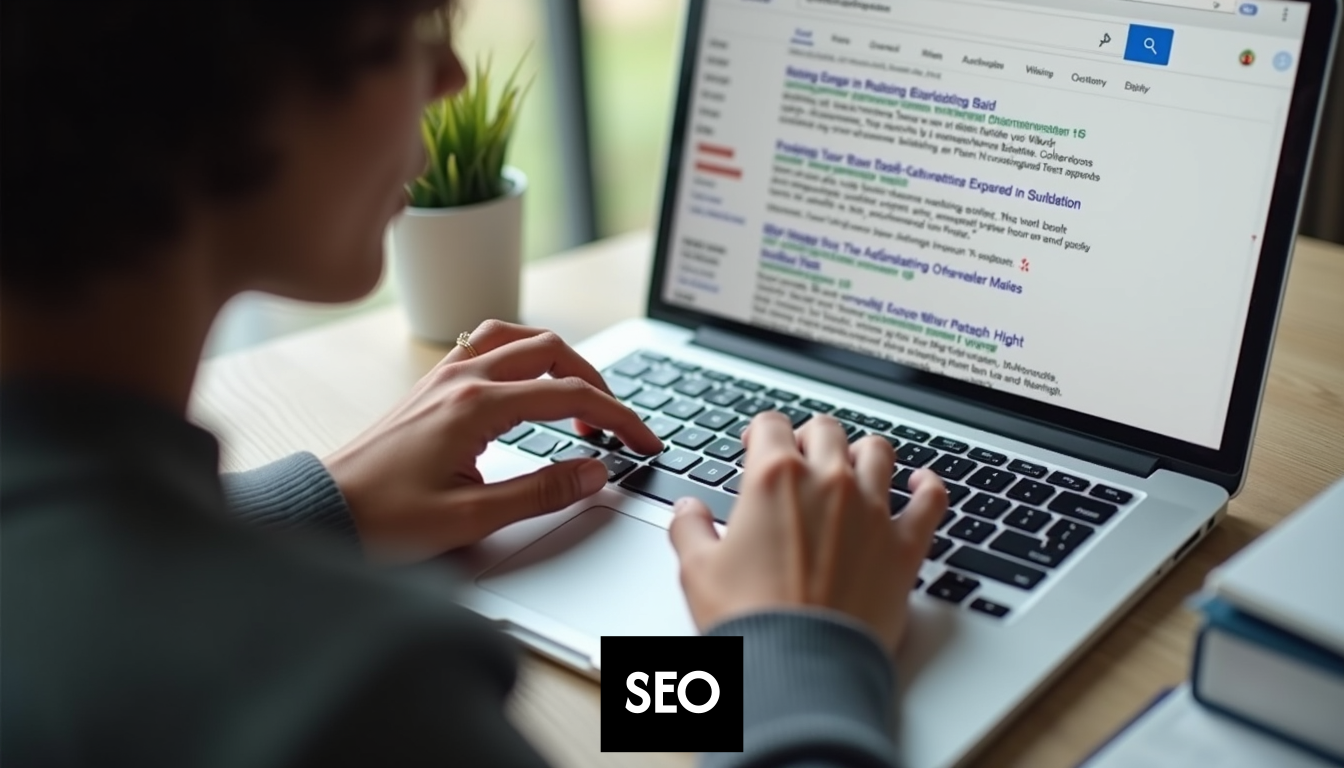 Hands over keyboard, showing search results