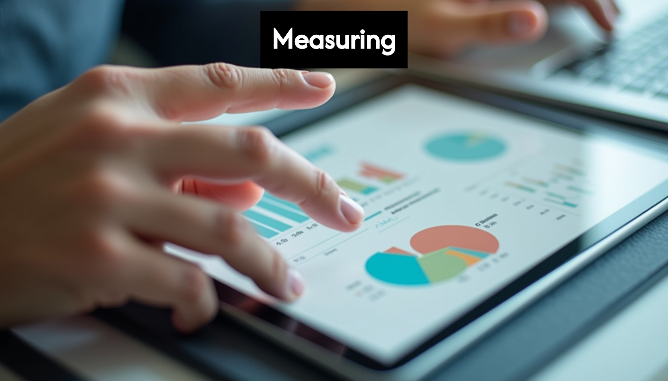 Hands point to graphs on screen, measuring impact.