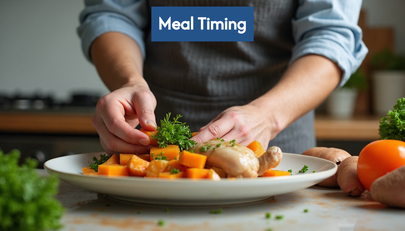 Hands preparing a meal with chicken and vegetables.
