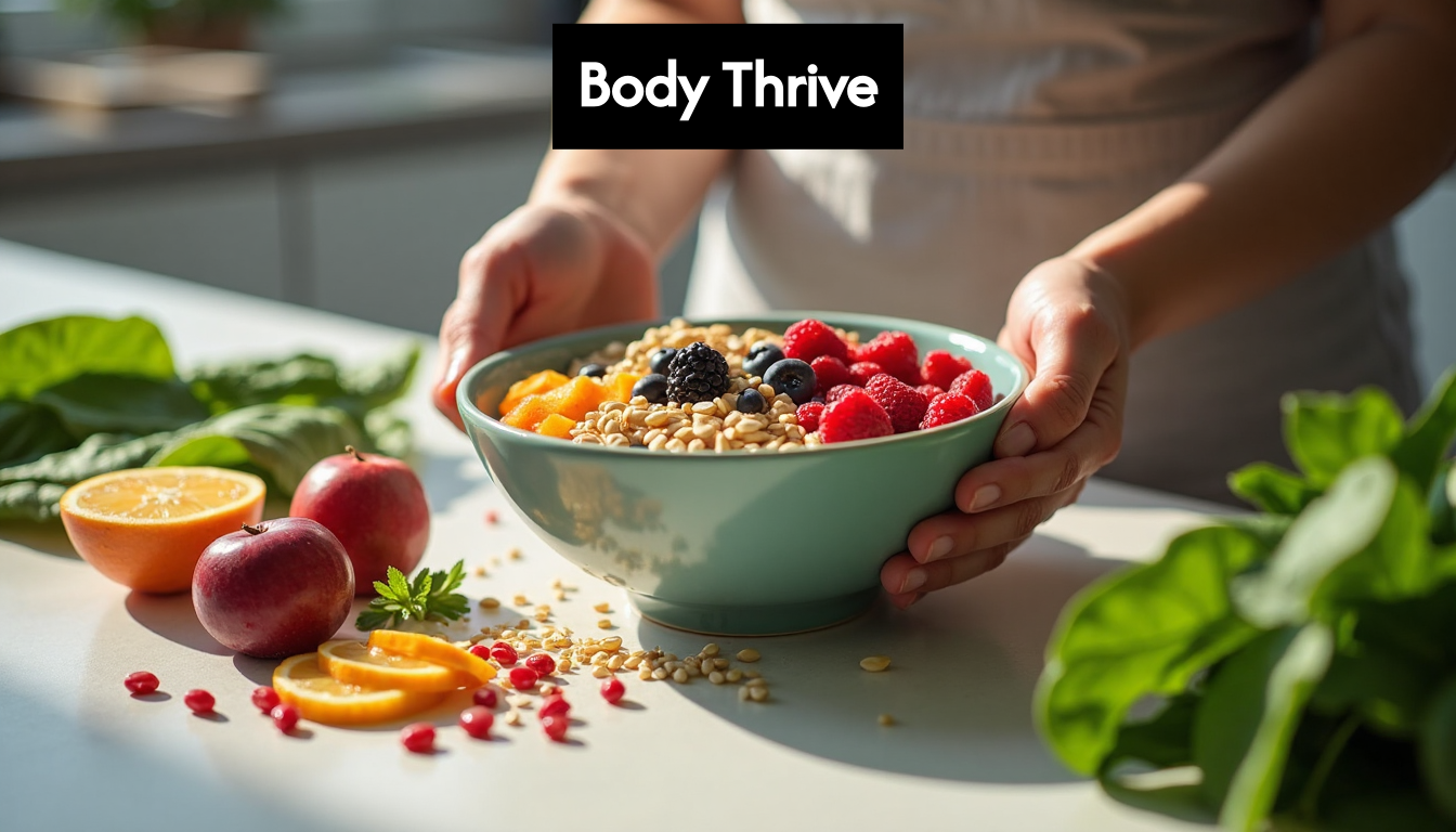 Hands preparing berry and nut bowl