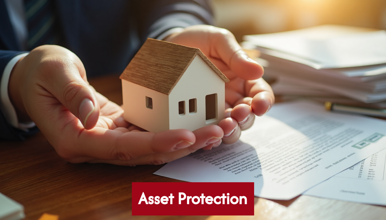 Hands protecting house model and legal documents