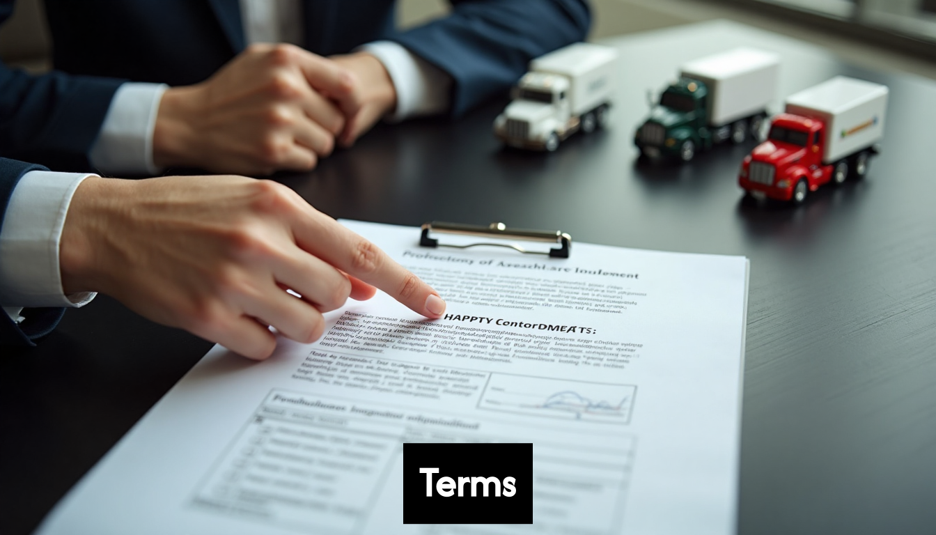 Hands reviewing contract details near toy trucks.