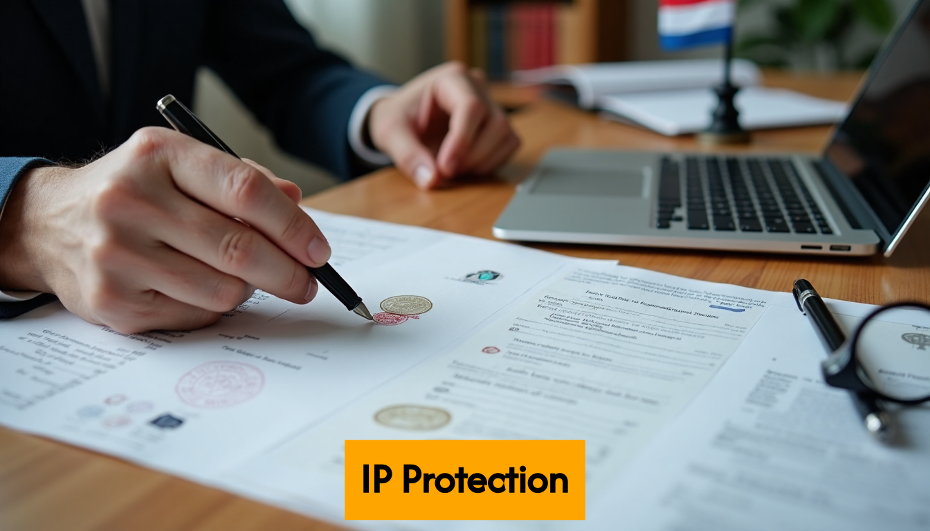 Hands reviewing intellectual property legal documents