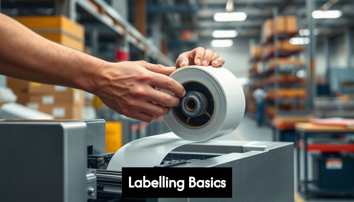 Hands setting up industrial label printer