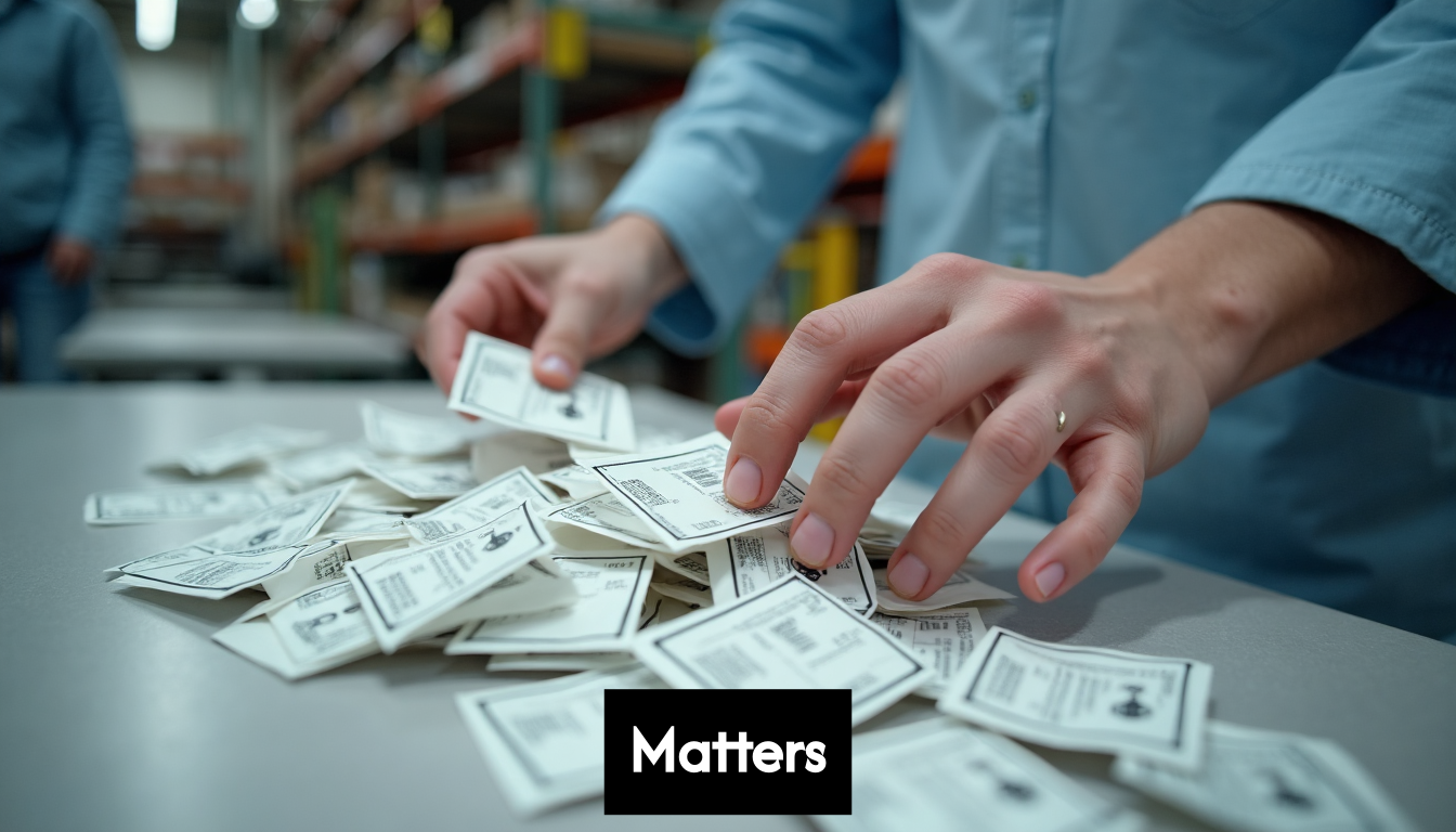 Hands sorting product labels.