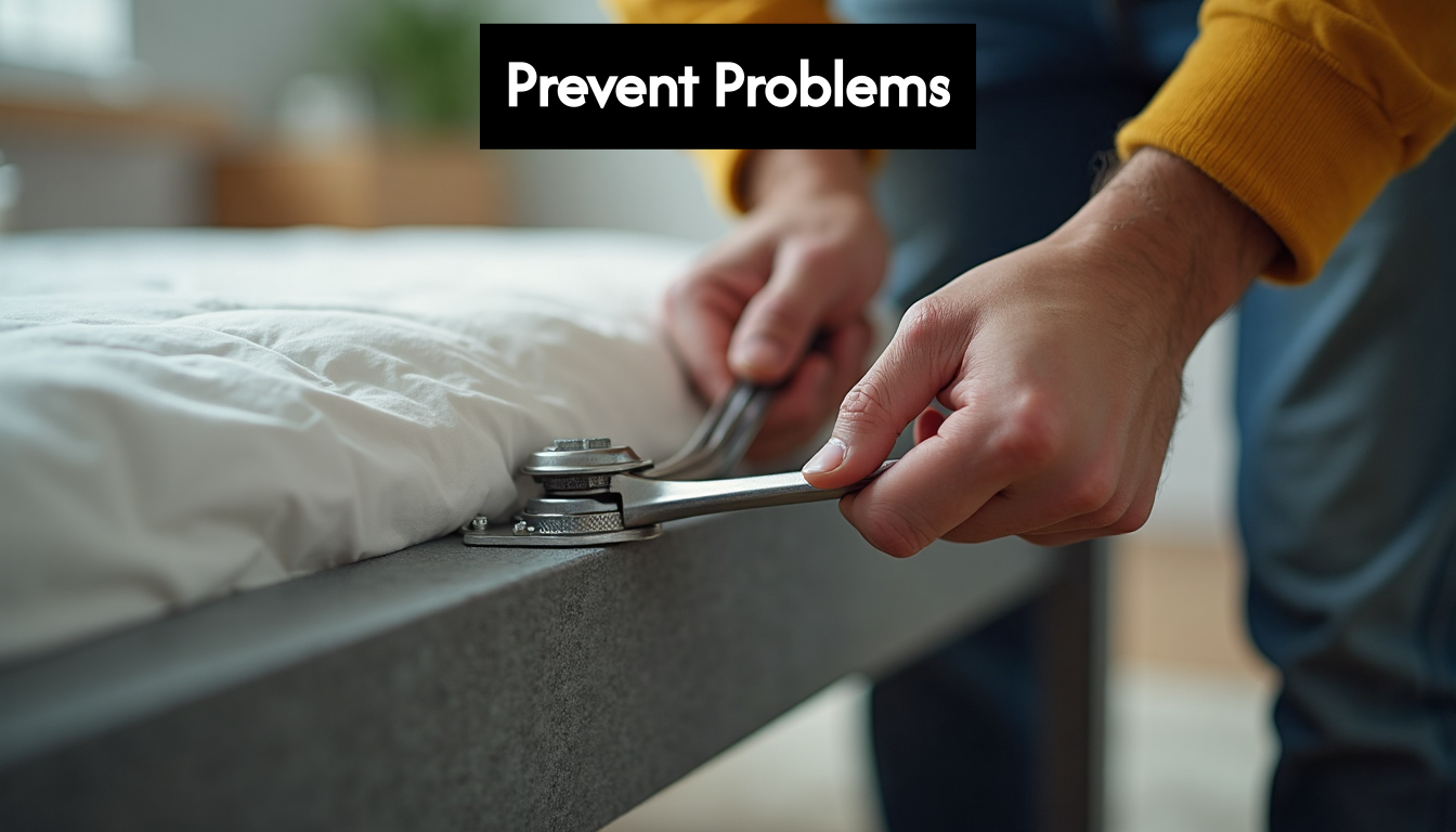 Hands tightening metal bed frame joint with wrench