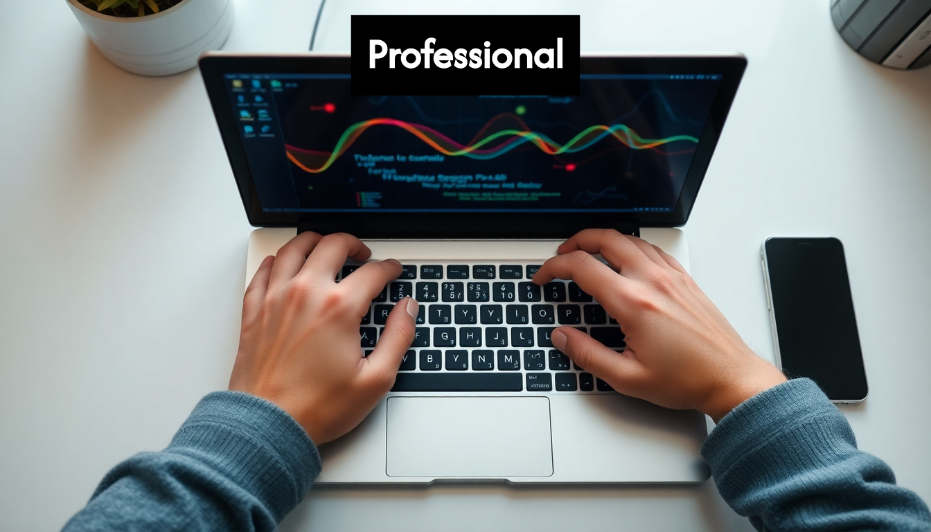 Hands typing on a laptop with abstract data on screen.