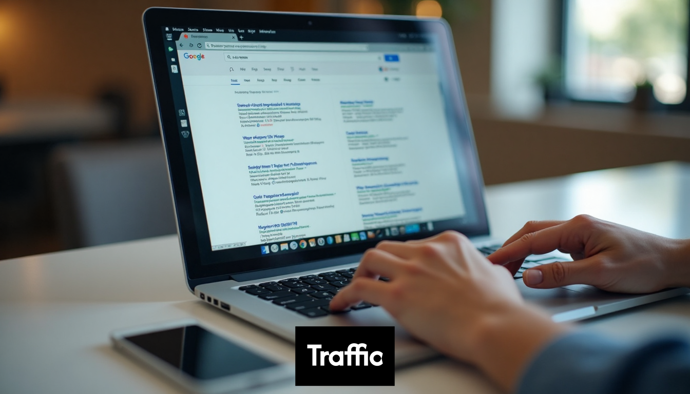 Hands typing on a laptop with search results visible.