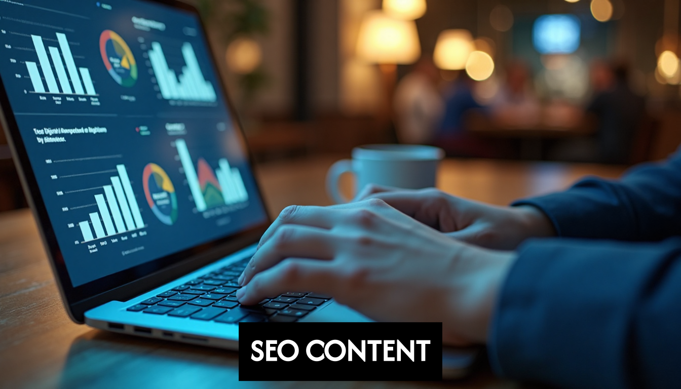 Hands typing on a laptop with SEO metrics on screen.