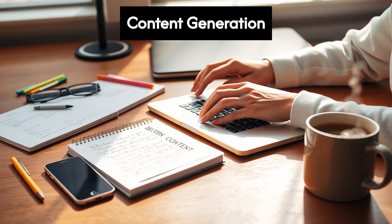 Hands typing on laptop with content planning materials