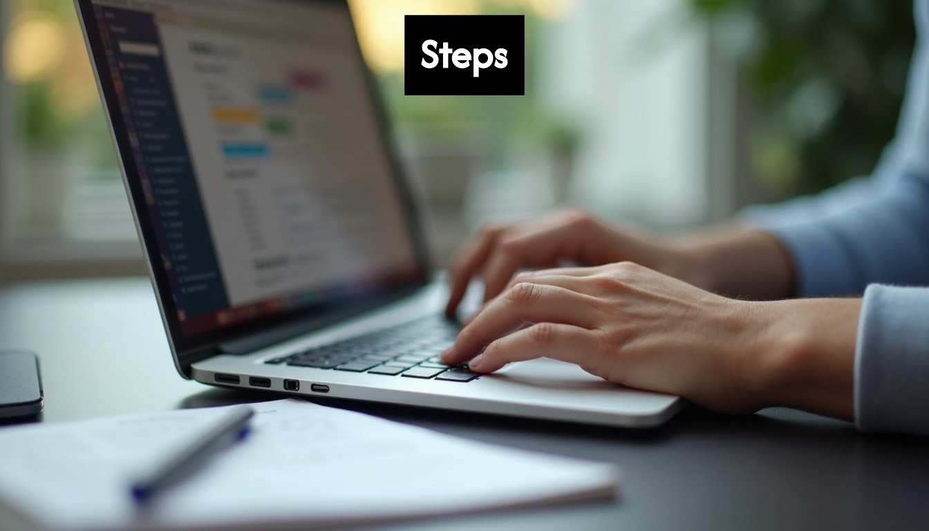 Hands typing on laptop with notebook