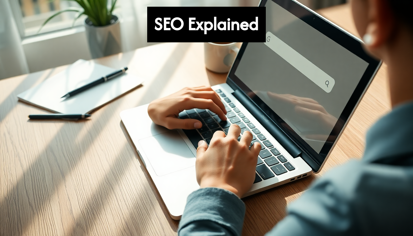 Hands typing SEO terms into laptop search bar