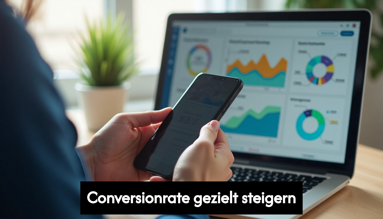Hands using smartphone and laptop to analyze CRO data