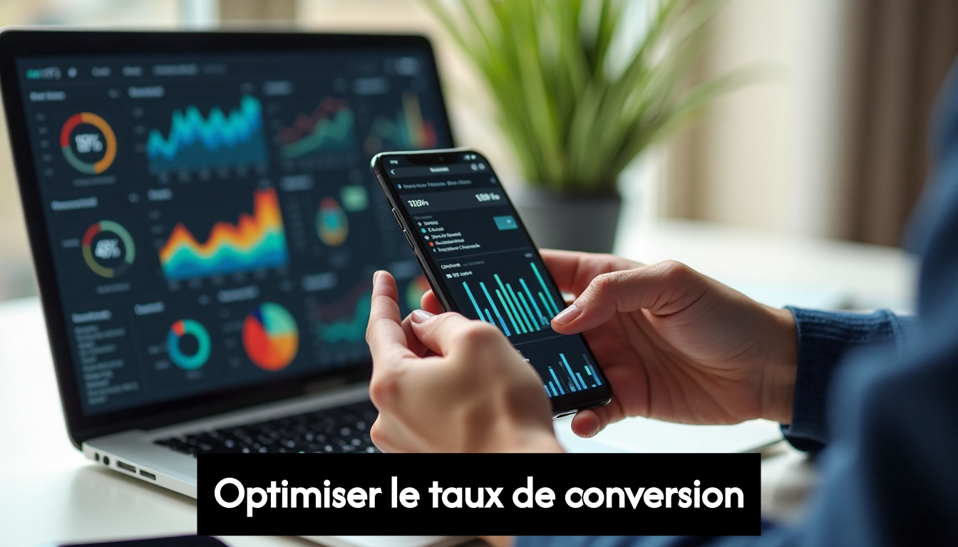 Hands using smartphone and laptop to analyze CRO data