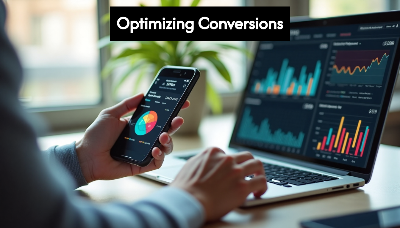 Hands using smartphone and laptop to analyze CRO data