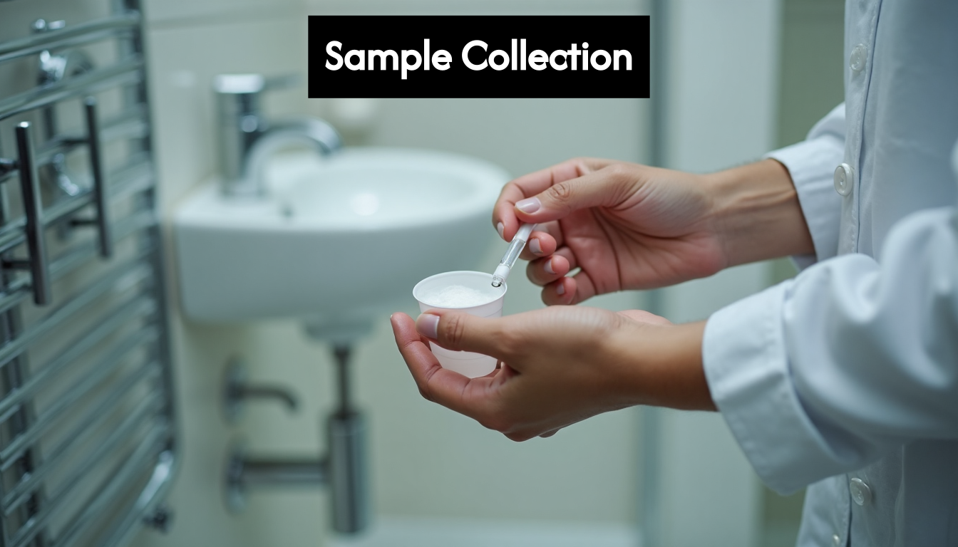 Hands using sterile sample collection cup in home bathroom