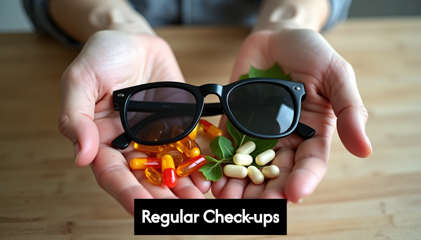 Hands with sunglasses and vitamins for eye health