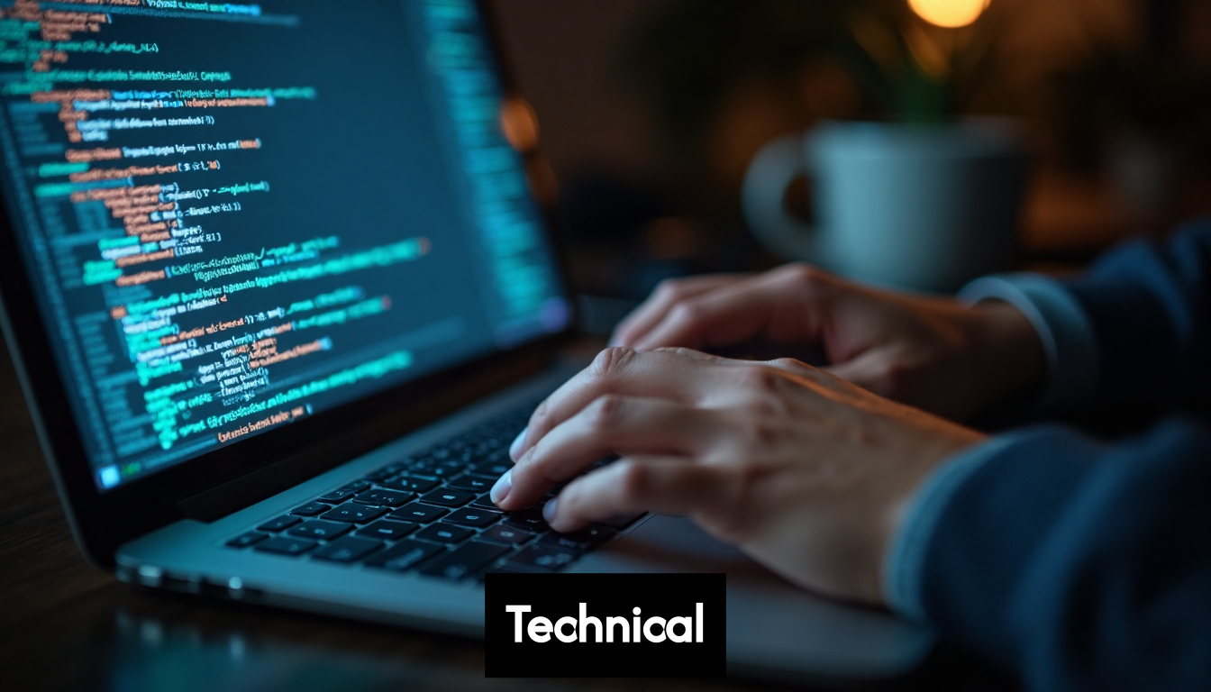 Hands working on laptop code.