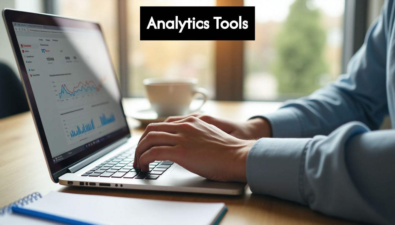 Hands working on laptop with analytics dashboard visible