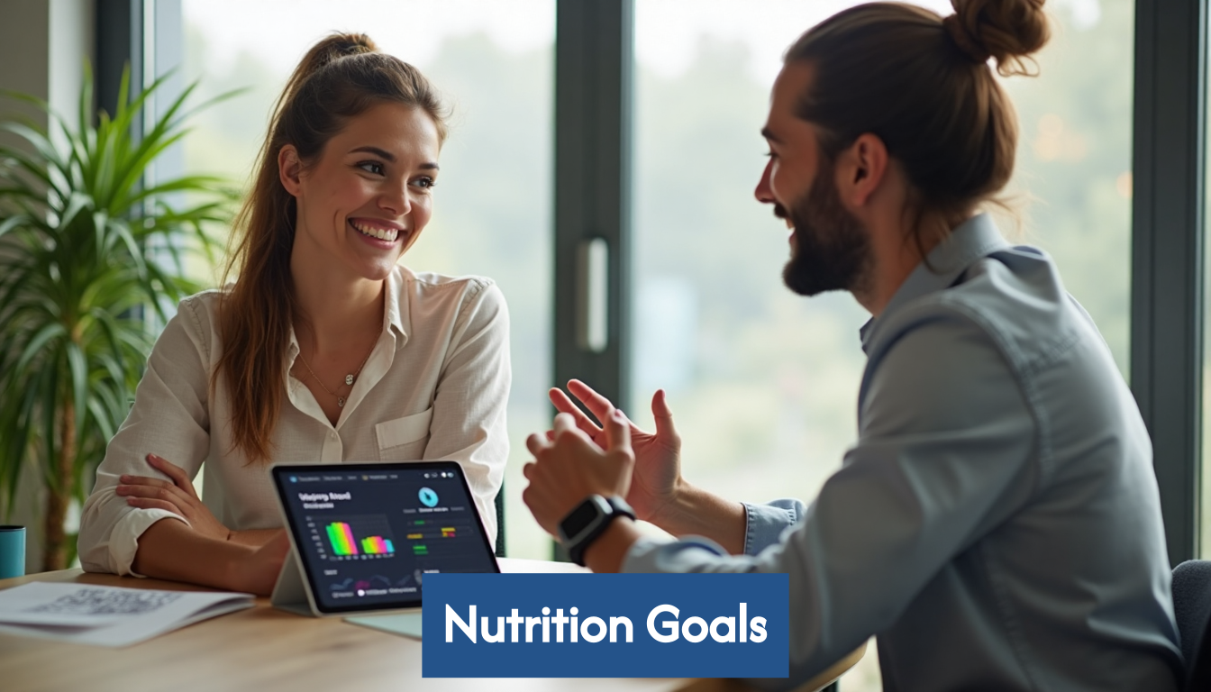 Health coach using tablet to review nutrition data