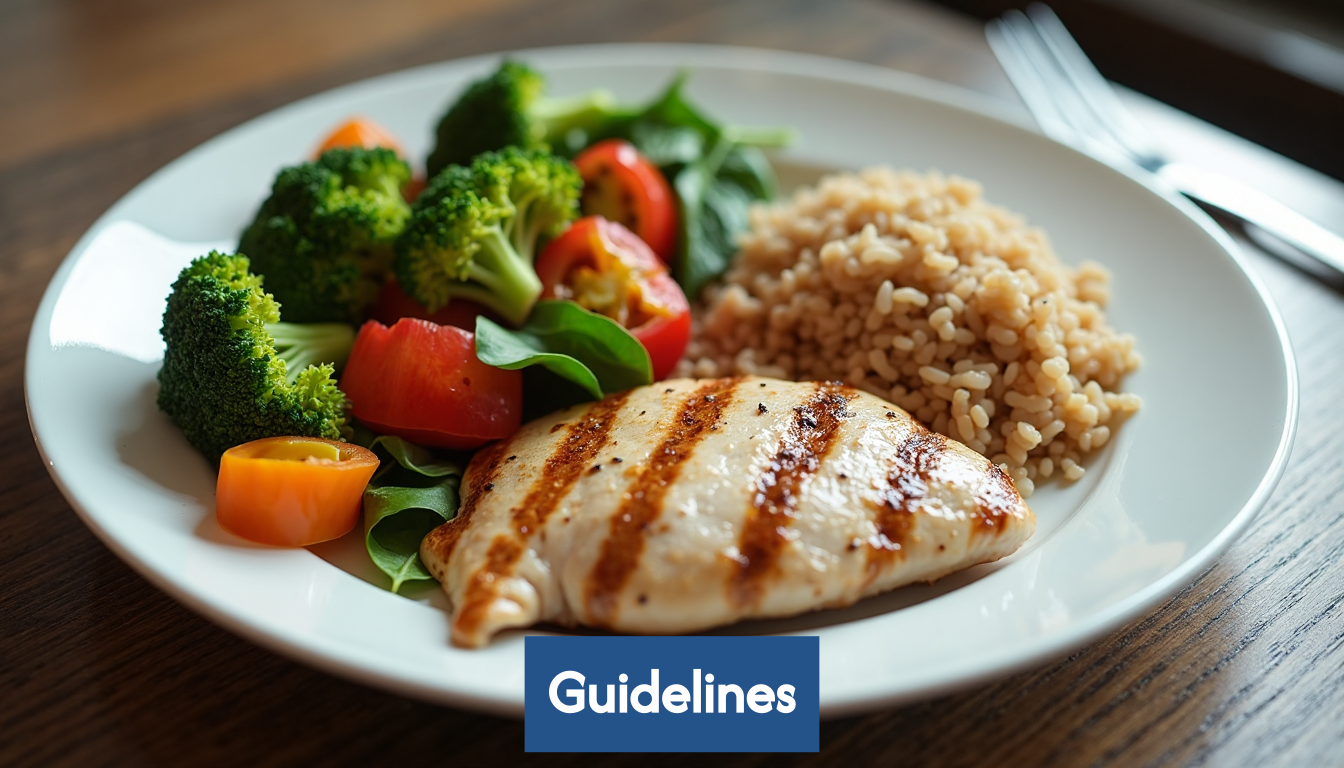 Healthy plate with vegetables, protein, and grains.