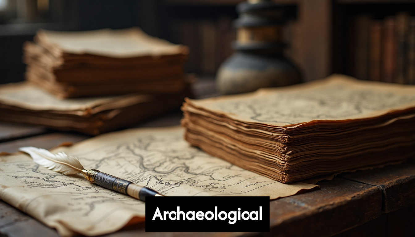 Historical documents and maps in an archive.