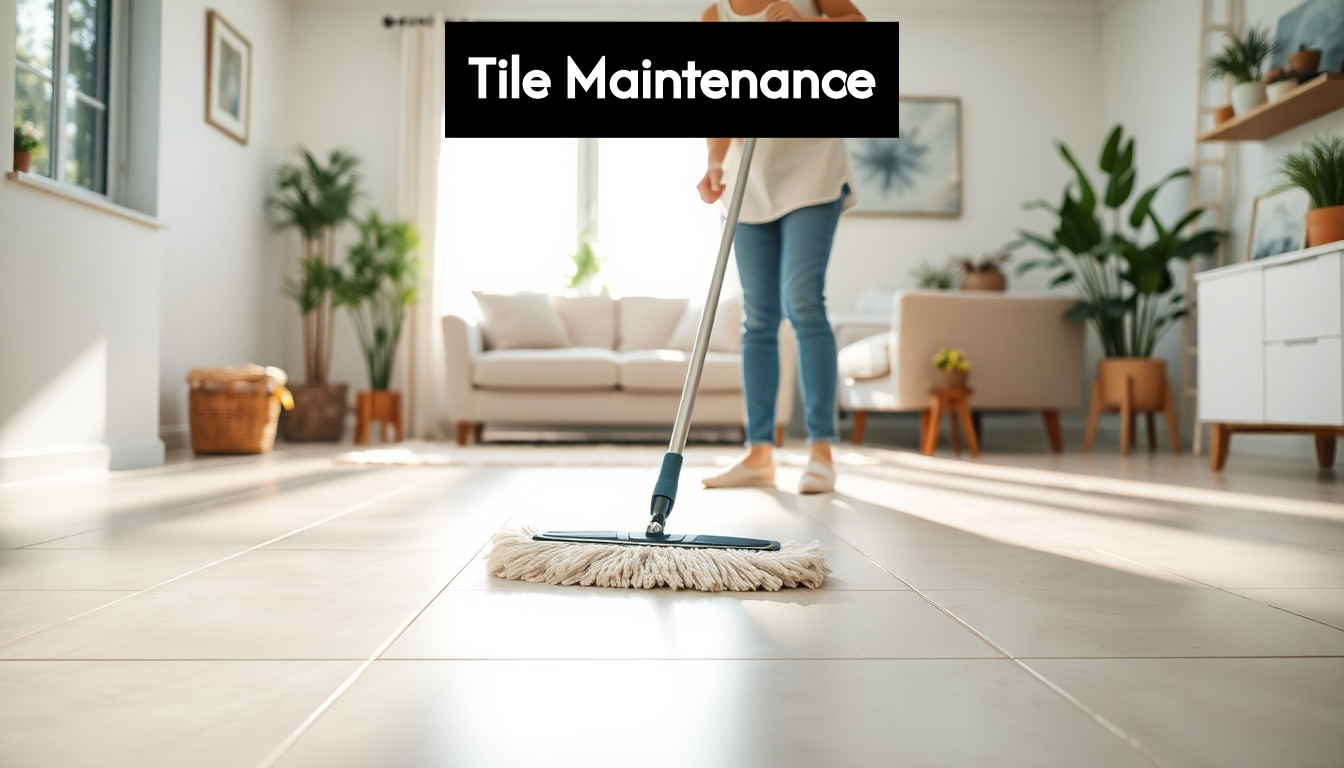 Homeowner mopping sunlit clean tiled floor