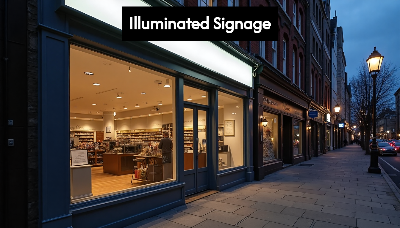 Illuminated channel letter sign at dusk