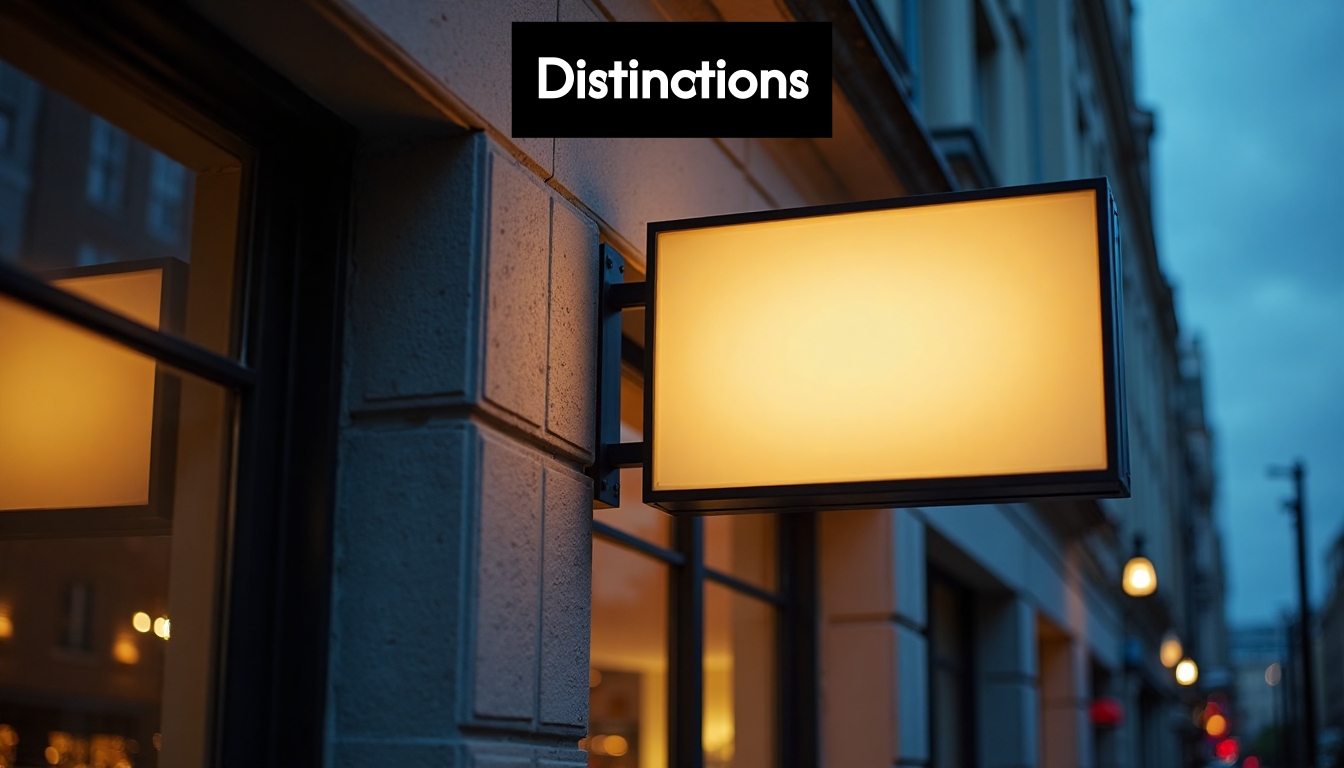 Illuminated outdoor business sign on building