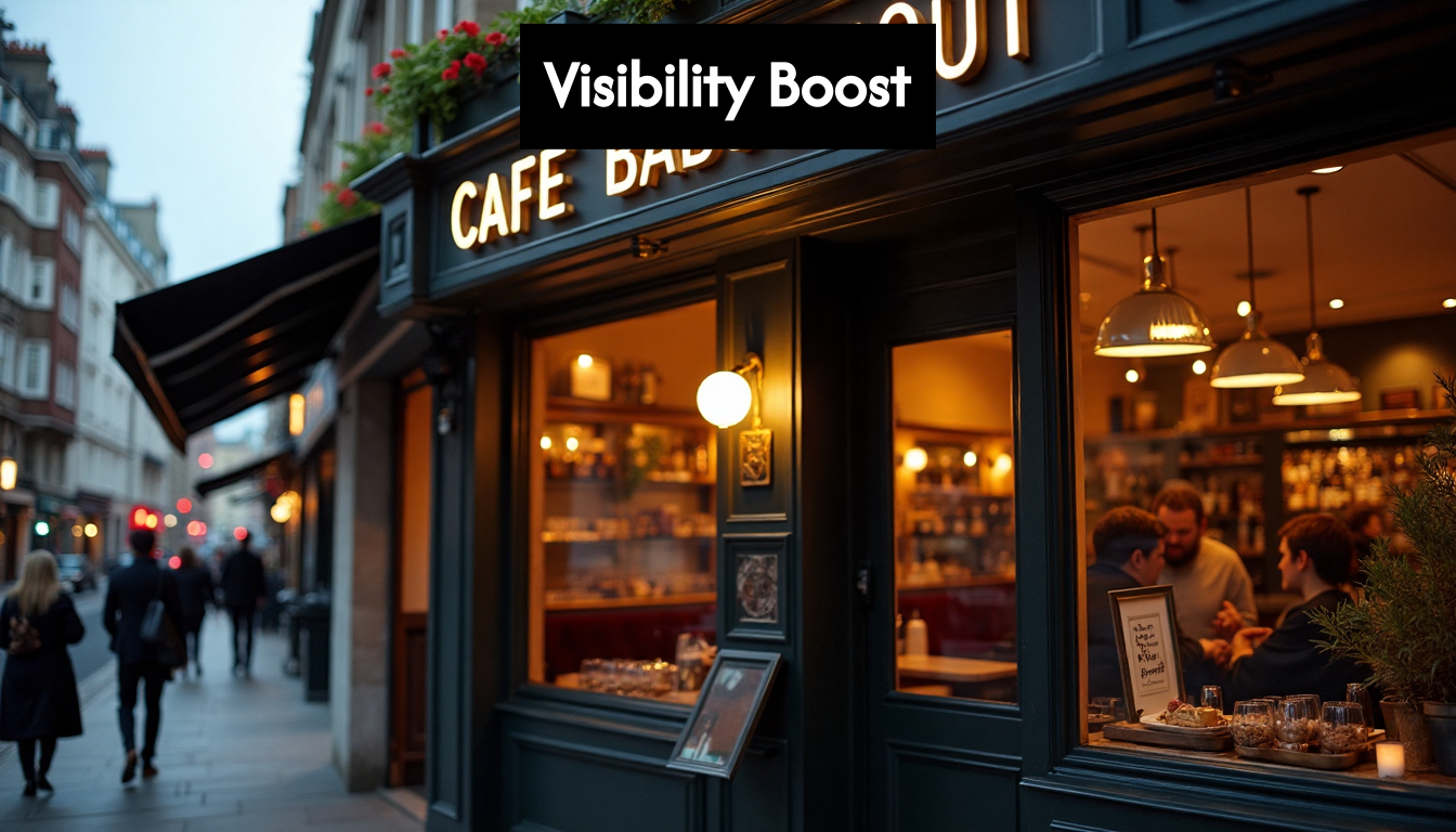 Illuminated sign glowing outside London business at dusk