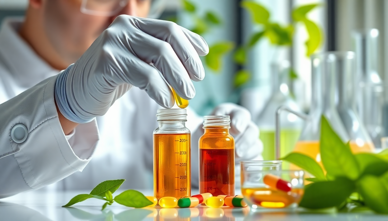 Scientist checking herbal supplement samples in lab