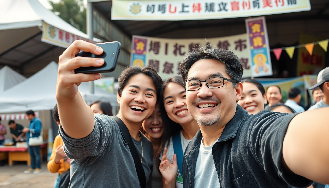 Influencer taking selfie with community fans at event