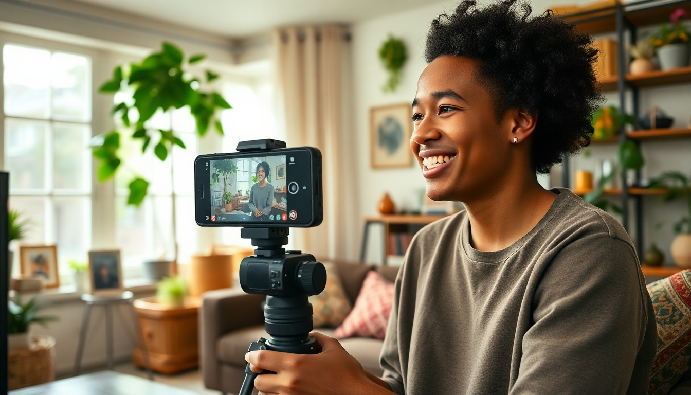 Influencer records content in culturally decorated home