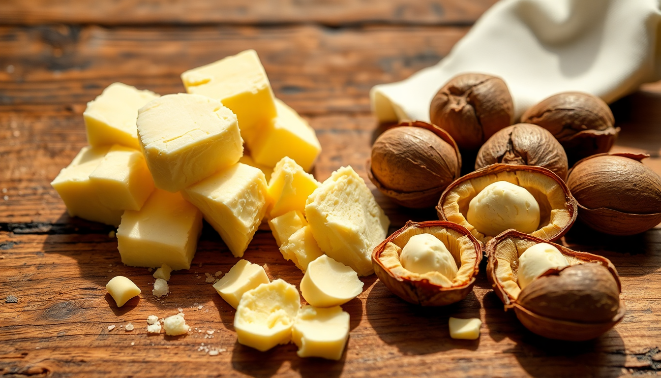 Unrefined shea butter and shea nuts on wood