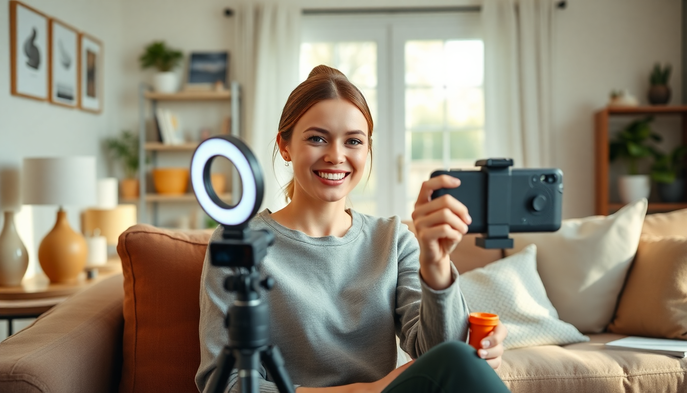 Influencer recording product review at home