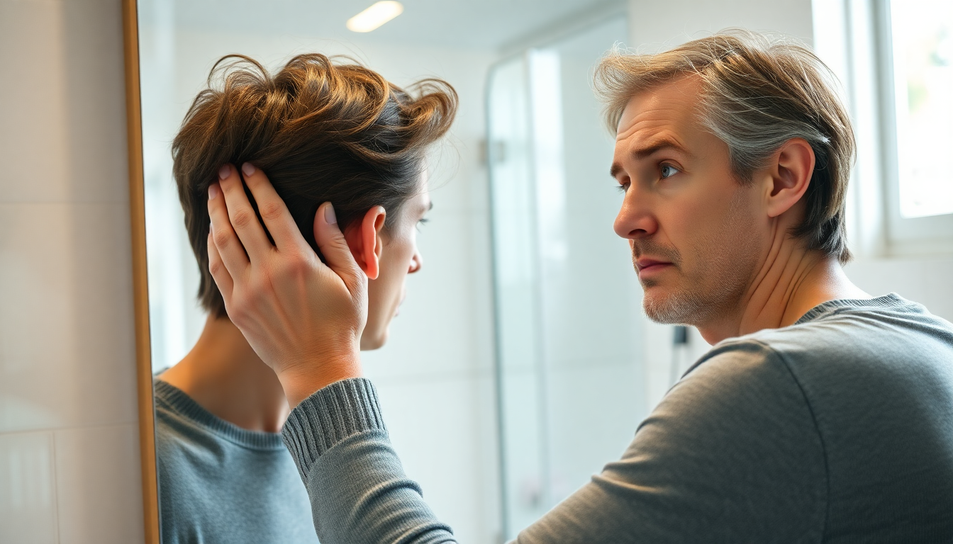Person checking hair thinning in mirror