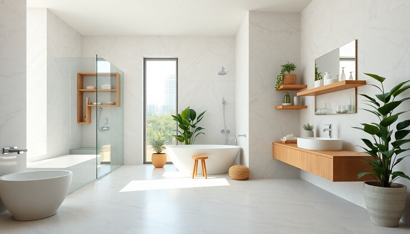 Modern 2025 bathroom with large tiles and plants