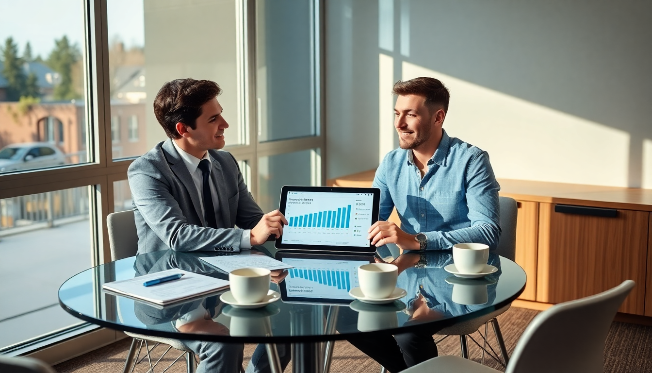 Brand manager and influencer reviewing tablet data