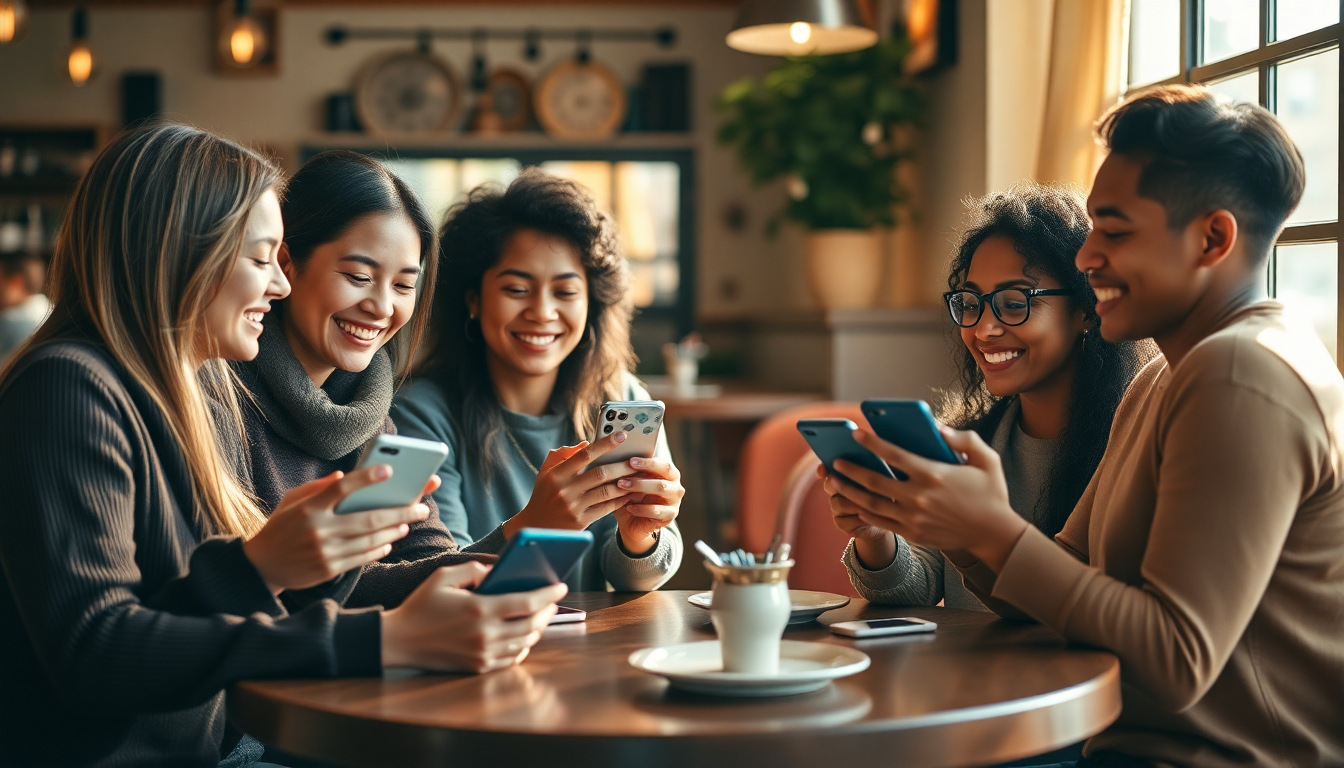 Young adults engaged with smartphones in cafe