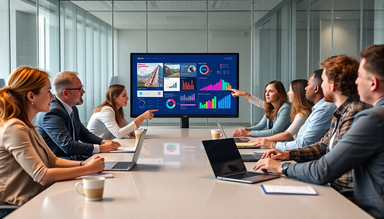 Marketing team examining campaign data on screen