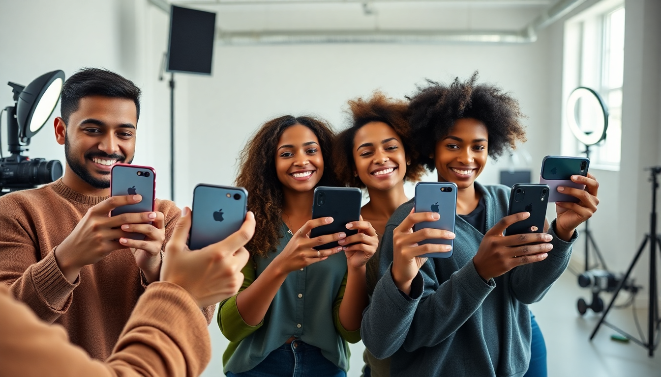 Diverse creators recording short videos in studio